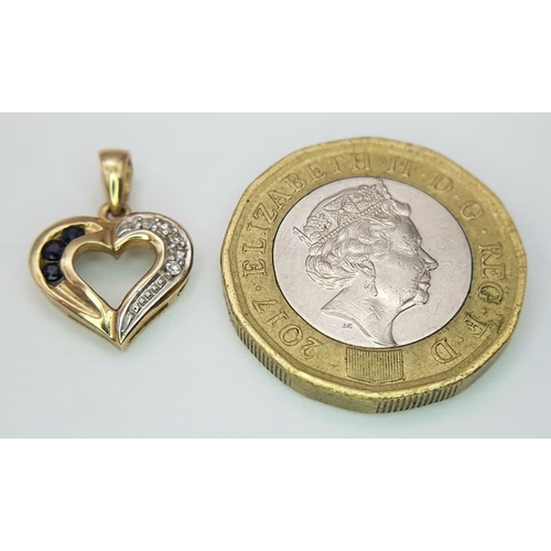 218 - A 9K Gold, Sapphire and Diamond Heart Pendant. 2cm. 1.1g