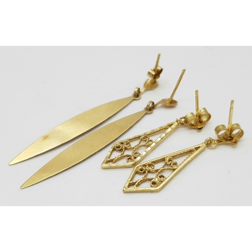 289 - Two Different Style Pairs of 9K Yellow Gold Earrings. 1.4g