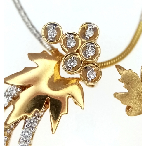 297 - AN 18K YELLOW GOLD DIAMOND AND LEAF PENDANT (0.45CT DIAMOND WEIGHT) ON 14K 2-TONE SNAKE CHAIN,  9.6G... 