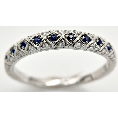 313 - AN 18K WHITE GOLD FANCY ZIG ZAG PATTERN DIAMOND & SAPPHIRE BAND RING 2.5G SIZE N. Ref: SC 4045