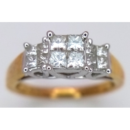 319 - AN 18K GOLD DIAMOND RING HAVING 12 SQUARE CUT DIAMONDS OF .60ctw .         3.8gms    size L . Ref: 2... 