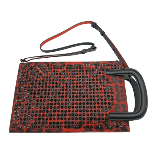 340 - A Christian Louboutin Red Leather Studded Clutch Shoulder Bag. Gunmetal coloured studs. Exterior poc... 