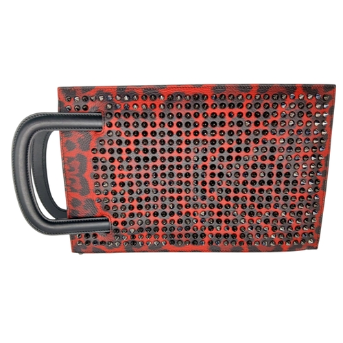 340 - A Christian Louboutin Red Leather Studded Clutch Shoulder Bag. Gunmetal coloured studs. Exterior poc... 