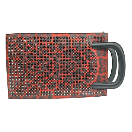 340 - A Christian Louboutin Red Leather Studded Clutch Shoulder Bag. Gunmetal coloured studs. Exterior poc... 