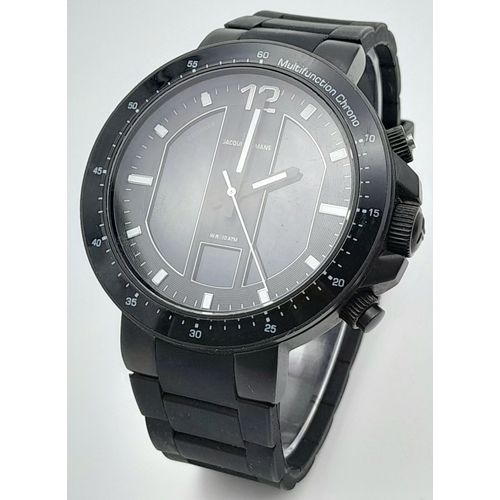 342 - A Jacques Lemans Large Cased Quartz Gents Watch. Black rubber strap. Case - 51mm. Black dial. Works ... 