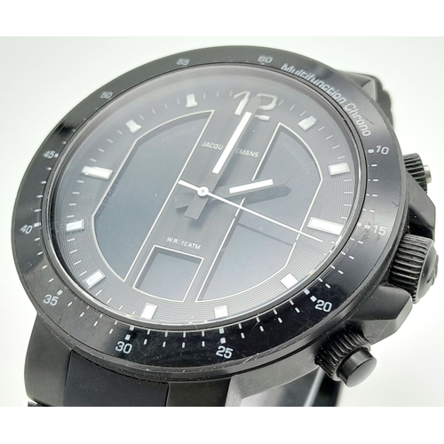 342 - A Jacques Lemans Large Cased Quartz Gents Watch. Black rubber strap. Case - 51mm. Black dial. Works ... 