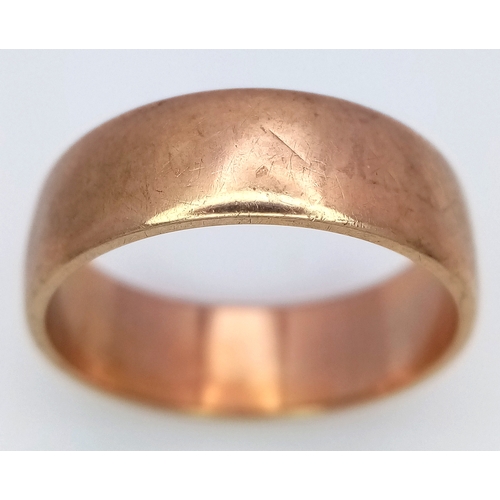 345 - A Vintage 9K Yellow Gold Band Ring. 6mm width. Full UK hallmarks. Size L 1/2. 3.7g