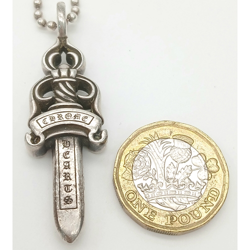 368 - A Designer Chrome Hearts Silver Dagger Necklace! 5cm dagger pendant. 58cm chain. 26g . Ref: 21186