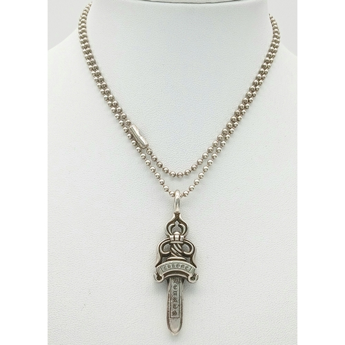 368 - A Designer Chrome Hearts Silver Dagger Necklace! 5cm dagger pendant. 58cm chain. 26g . Ref: 21186