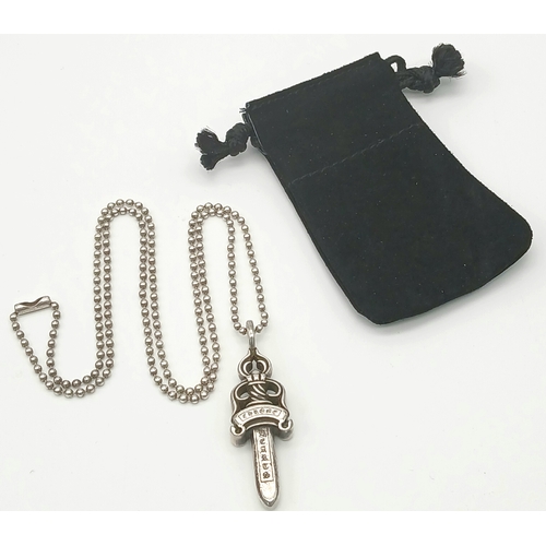 368 - A Designer Chrome Hearts Silver Dagger Necklace! 5cm dagger pendant. 58cm chain. 26g . Ref: 21186