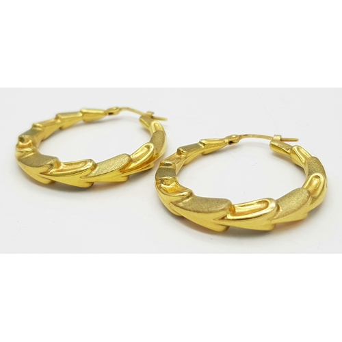 380 - A Pair of 9K Yellow Gold Creole Hoop Earrings. 3cm diameter.  2.8g