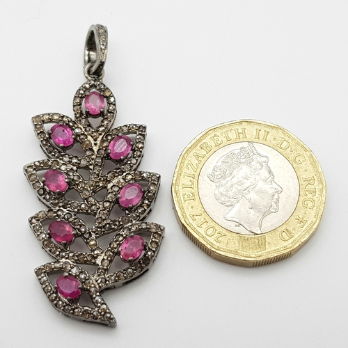 525 - A Beautiful Ruby and Diamond Decorative Floral Pendant - with 1.90ctw of Rubies and 1.60ctw of Diamo... 