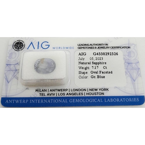 613 - A 7.17ct Untreated Sri Lankan Blue Sapphire - AIG Milan Certificate in a sealed container.