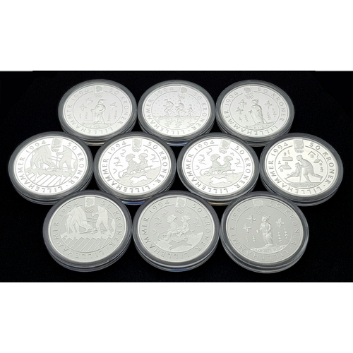 1759 - Ten Uncirculated Sterling Silver 1994 Winter Olympic, Lillehammer Commemorative Coins.  170g. In pla... 