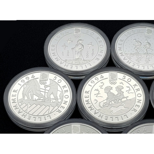 1759 - Ten Uncirculated Sterling Silver 1994 Winter Olympic, Lillehammer Commemorative Coins.  170g. In pla... 