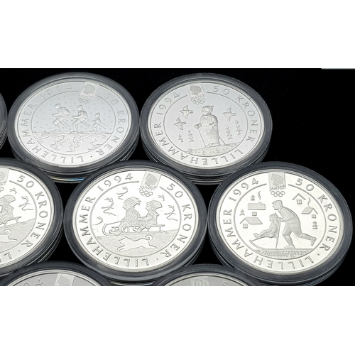 1759 - Ten Uncirculated Sterling Silver 1994 Winter Olympic, Lillehammer Commemorative Coins.  170g. In pla... 