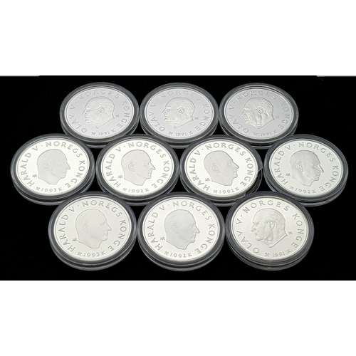 1759 - Ten Uncirculated Sterling Silver 1994 Winter Olympic, Lillehammer Commemorative Coins.  170g. In pla... 