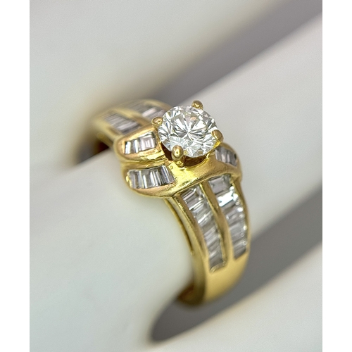 15 - AN 18K YELLOW GOLD DIAMOND RING - 0.40CT MAIN STONE. TOTAL WEIGHT OF MIXED CUTS 1CTW. 5.2G. SIZE N. ... 