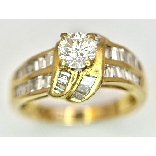 15 - AN 18K YELLOW GOLD DIAMOND RING - 0.40CT MAIN STONE. TOTAL WEIGHT OF MIXED CUTS 1CTW. 5.2G. SIZE N. ... 