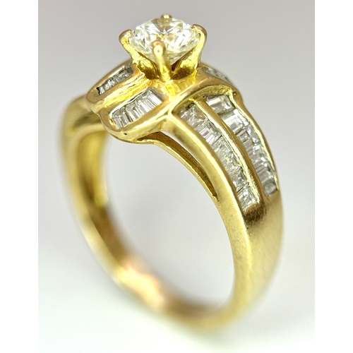 15 - AN 18K YELLOW GOLD DIAMOND RING - 0.40CT MAIN STONE. TOTAL WEIGHT OF MIXED CUTS 1CTW. 5.2G. SIZE N. ... 