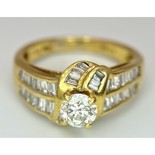 15 - AN 18K YELLOW GOLD DIAMOND RING - 0.40CT MAIN STONE. TOTAL WEIGHT OF MIXED CUTS 1CTW. 5.2G. SIZE N. ... 