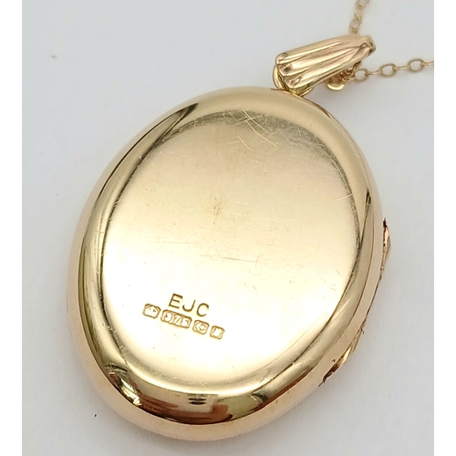 212 - A 9K YELLOW GOLD OVAL LOCKET ON 9K YELLOW GOLD TRACE CHAIN 5.1G TOTAL WEIGHT, 46CM LENGTH. REF: A/S ... 