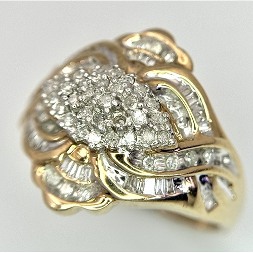 244 - A 9K YELLOW GOLD DIAMOND CLUSTER RING. 0.65CT. 4.2G. SIZE P.