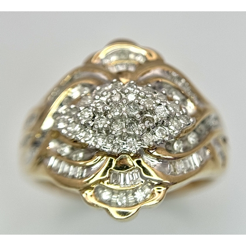 244 - A 9K YELLOW GOLD DIAMOND CLUSTER RING. 0.65CT. 4.2G. SIZE P.