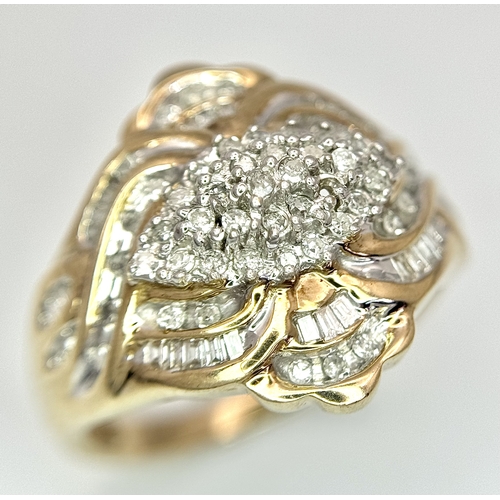 244 - A 9K YELLOW GOLD DIAMOND CLUSTER RING. 0.65CT. 4.2G. SIZE P.