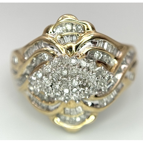 244 - A 9K YELLOW GOLD DIAMOND CLUSTER RING. 0.65CT. 4.2G. SIZE P.