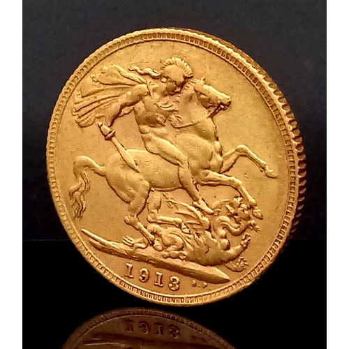 116 - A 1913 GEORGE V FULL SOVEREIGN COIN - 22K GOLD. C5007