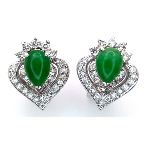 120 - A PAIR OF 18K WHITE GOLD DIAMOND & JADE STUD EARRINGS 1CM x 1.5CM, 5.8G TOTAL WEIGHT. REF: TAN 5010 ... 