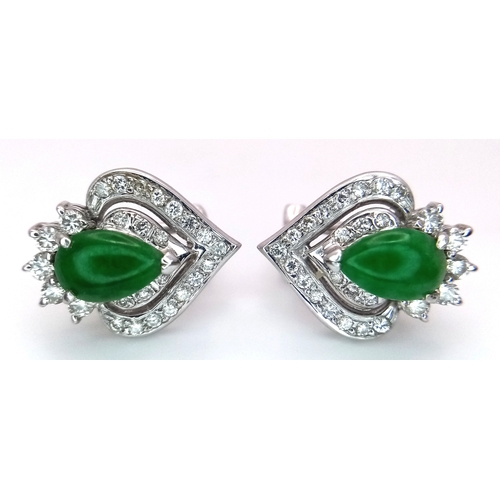 120 - A PAIR OF 18K WHITE GOLD DIAMOND & JADE STUD EARRINGS 1CM x 1.5CM, 5.8G TOTAL WEIGHT. REF: TAN 5010 ... 