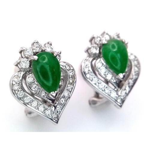 120 - A PAIR OF 18K WHITE GOLD DIAMOND & JADE STUD EARRINGS 1CM x 1.5CM, 5.8G TOTAL WEIGHT. REF: TAN 5010 ... 