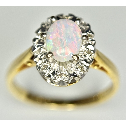 141 - AN 18K YELLOW GOLD VINTAGE OPAL & DIAMOND CLUSTER RING 3.2G TOTAL WEIGHT, SIZE K 1/2. REF: A/S 1227