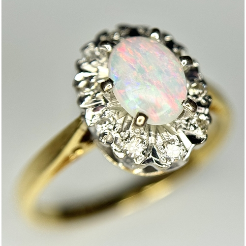 141 - AN 18K YELLOW GOLD VINTAGE OPAL & DIAMOND CLUSTER RING 3.2G TOTAL WEIGHT, SIZE K 1/2. REF: A/S 1227