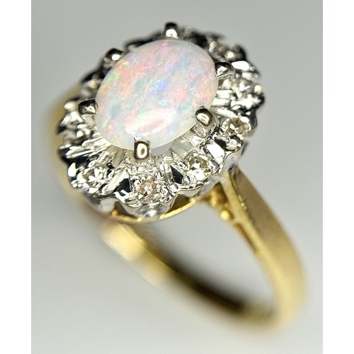 141 - AN 18K YELLOW GOLD VINTAGE OPAL & DIAMOND CLUSTER RING 3.2G TOTAL WEIGHT, SIZE K 1/2. REF: A/S 1227