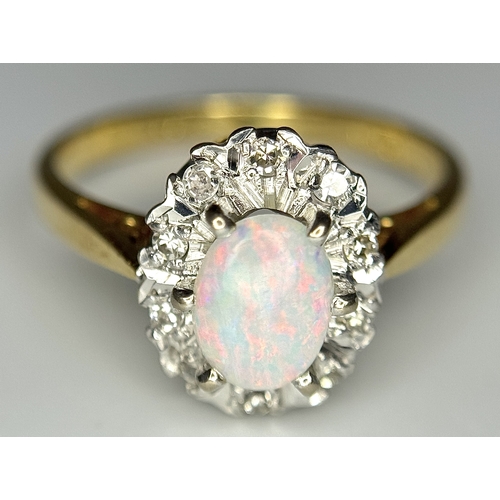 141 - AN 18K YELLOW GOLD VINTAGE OPAL & DIAMOND CLUSTER RING 3.2G TOTAL WEIGHT, SIZE K 1/2. REF: A/S 1227