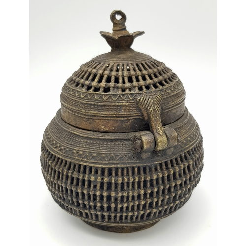 227 - A very decorative and rare, 19th Century Benin Bronze, basket weave, incense burner. Dimensions: 14 ... 