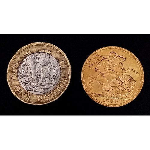 153 - A 1906 EDWARD VII FULL SOVEREIGN COIN. 22K GOLD. C-5002