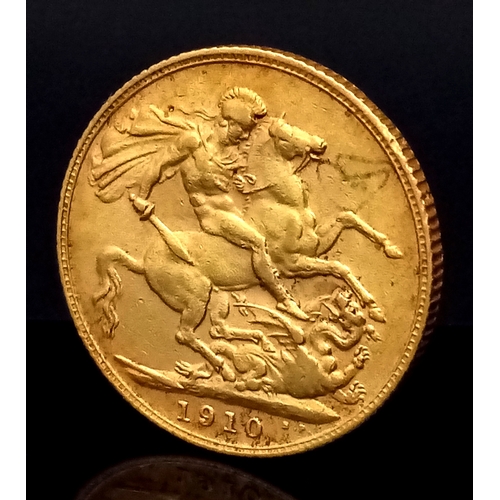 160 - A 1910 EDWARD VII FULL SOVEREIGN COIN. 22K GOLD. C-5003.