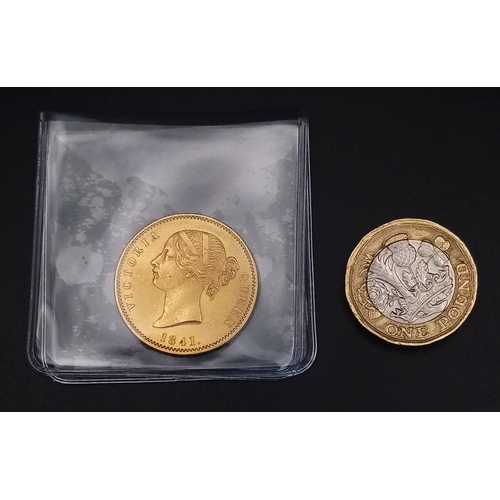 39 - A QUEEN VICTORIA 1841 EAST INDIA COMPANY ONE MOHUR QUEEN 22K GOLD COIN. 11.6G. COMES IN A PVA WALLET... 