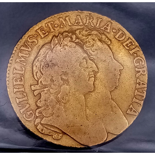 74 - A 1689 WILLIAM & MARY GUINEA COIN. 22K GOLD. LATER UPRIGHT HARP - INLINE WITH R. VF BUT PLEASE SEE P... 