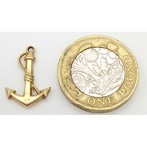 1184 - A 9K Yellow Gold Anchor Pendant/Charm. 2cm. 0.4g