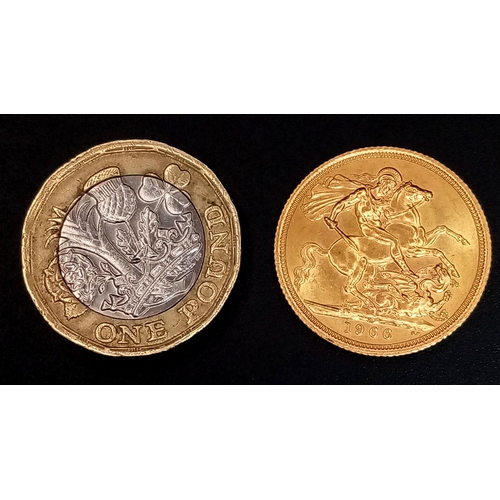 188 - A 1966 ELIZABETH II FULL SOVEREIGN - COIN YEAR OF THE WORLD CUP VICTORY FOR ENGLAND. 22K GOLD. EF. C... 