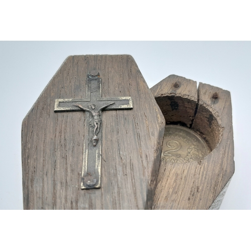 1013 - A WW2 French Resistance Warning Coffin with a 1941 dated 2 Franc coin stamped “JUDAS” This would hav... 