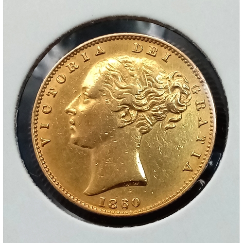 123 - AN 1860 QUEEN VICTORIA YOUNG HEAD SHIELD BACK FULL SOVEREIGN. 22K GOLD. C-5019. EF