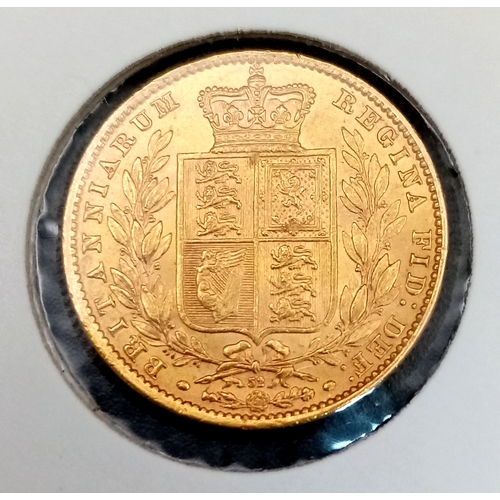 130 - AN 1865 QUEEN VICTORIA YOUNG HEAD SHIELD BACK FULL SOVEREIGN - 22K GOLD. EF. C-5017