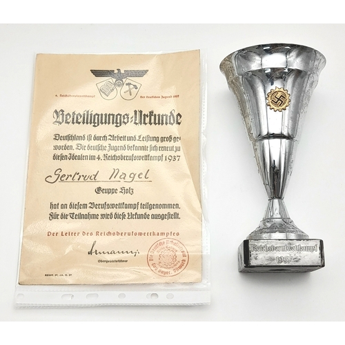 253 - 1937 Dated 3rd Reich Certificate & Trophy awarded to Gerturd Nagel of the Bund Deutsches Mädel (fema... 