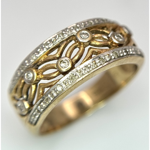 69 - A 9k yellow gold diamond, wide band ring - 0.3ctw diamond. 5g total weight. Size P. 1174I